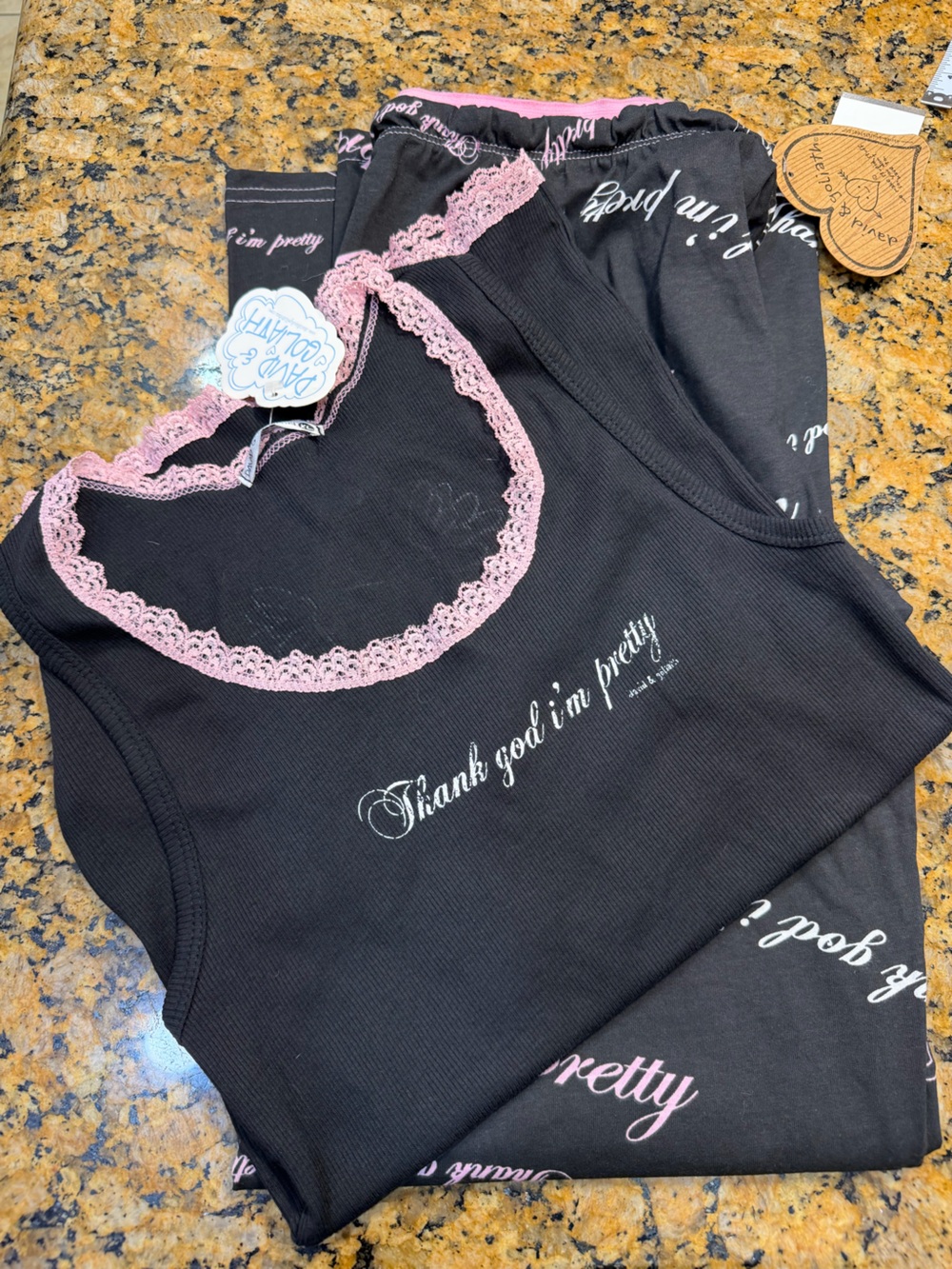 Black & Pink Lace-Trim Sleep Tank and Pajama Set